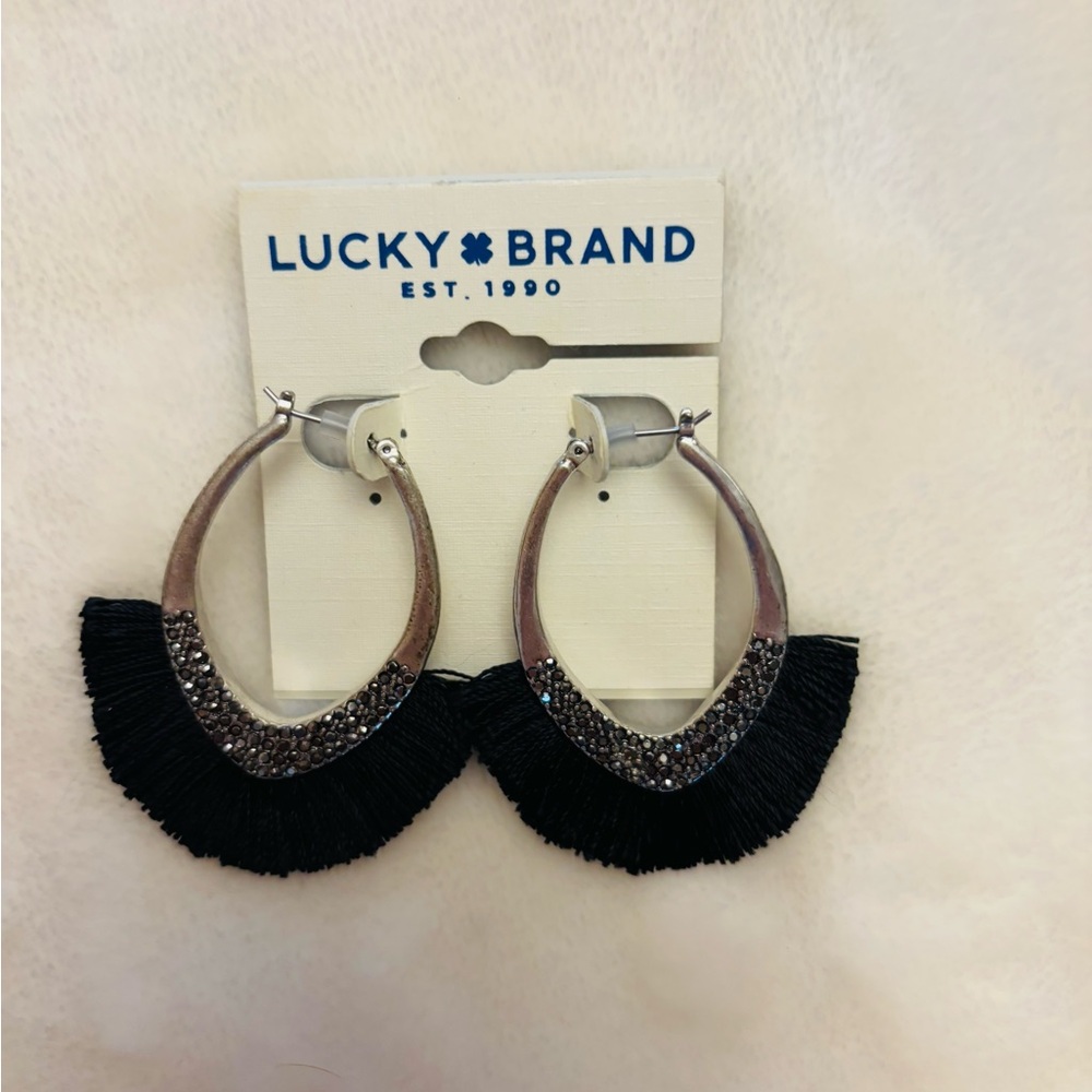 Lucky Brand Fringe Hoop Earrings | Black & Gunmetal Glam | NWT